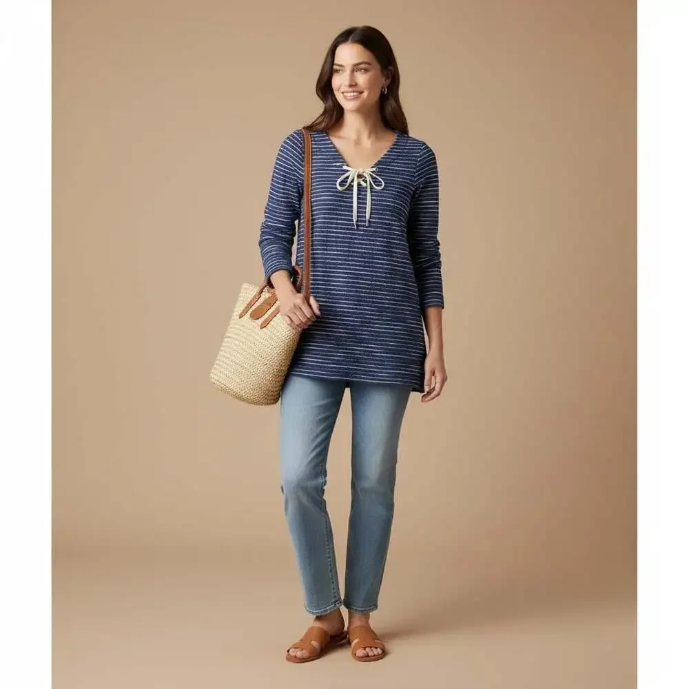 Tommy Bahama Navy White Stripe Lace-Up Pullover Top Size Small Coastal
